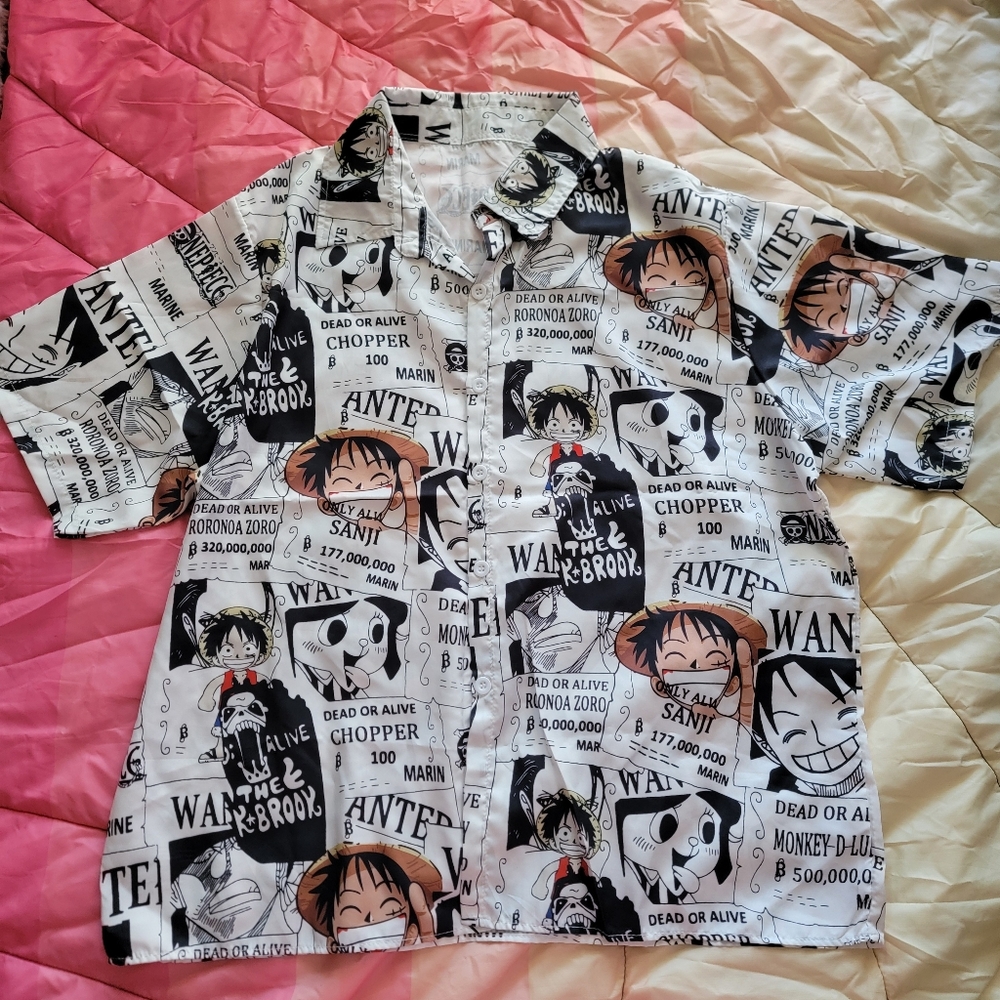 Anime Print Onepiece Straw Hat Pirates Black and White Men's Shirt